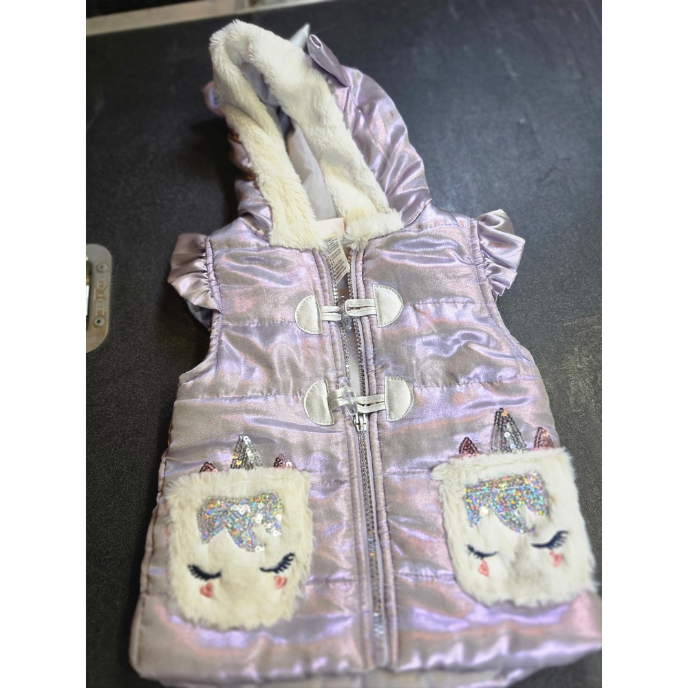Little Lass Girls Iridescent Unicorn Puffer Vest Purple Faux Fur Hood 2T
